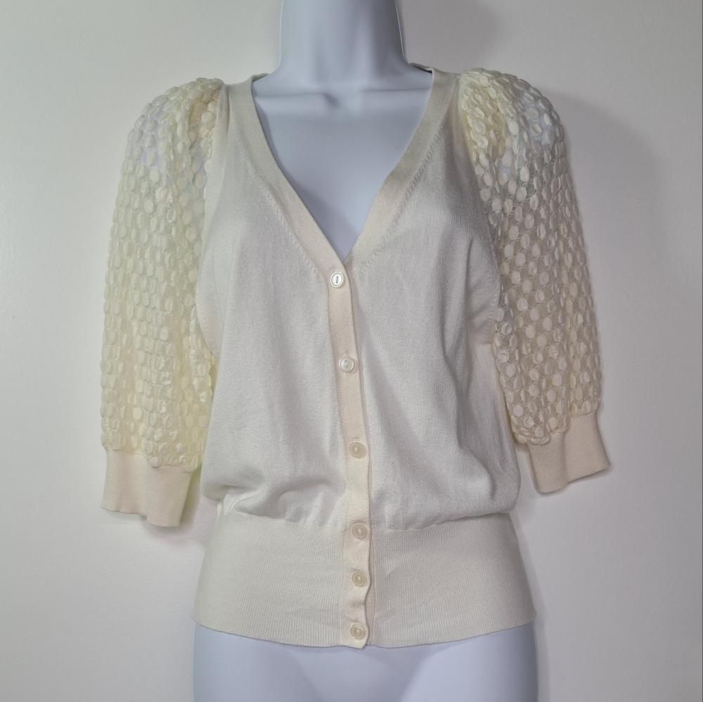 Express Ivory Short Puff Sleeve Cardigan Size XS - Picture 3 of 12